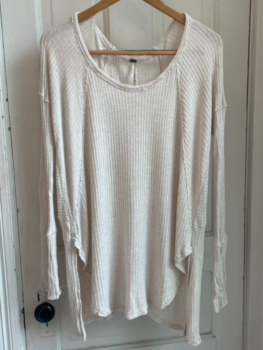 Free People Ivory Waffle Knit Long Sleeve Top Oversized Boho Size Small